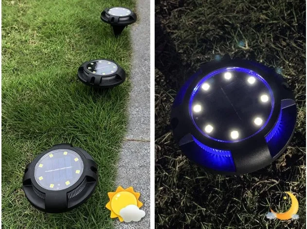 LED solar underground lawn light 11x4x13cm black ABS PP with seven colour changing cold white light on grass at dusk