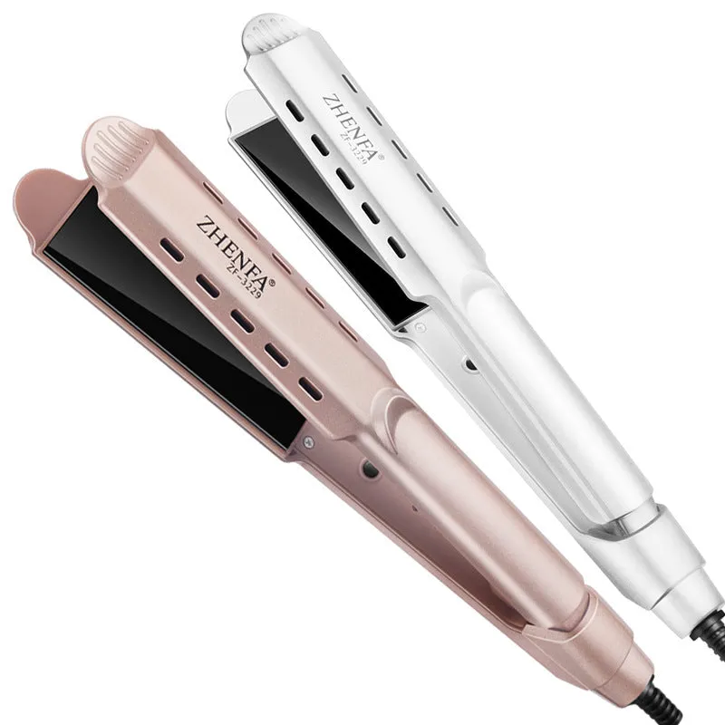 Gold wet dry curling iron with 15mm barrel and push button switch on white background