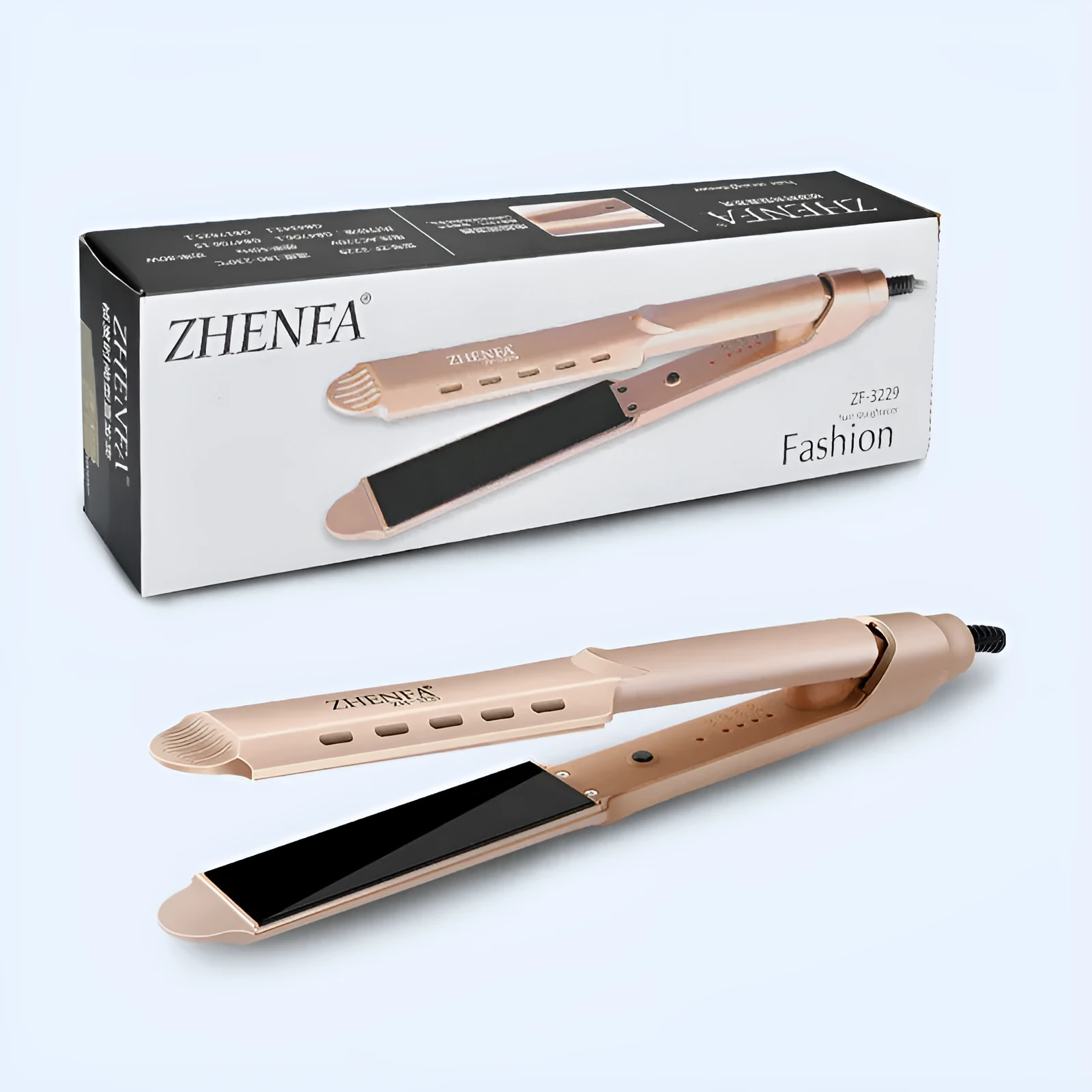 Gold wet dry curling iron with 15mm barrel and push button switch on white background