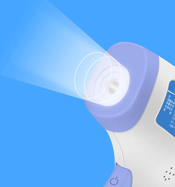 White RAK-FI03 non-contact infrared forehead thermometer with English interface and AAA battery compartment