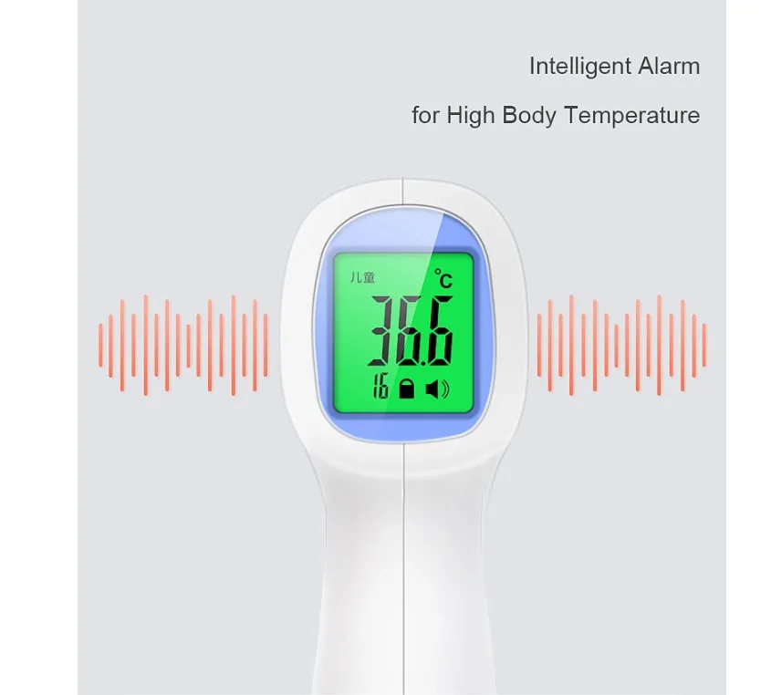 White RAK-FI03 non-contact infrared forehead thermometer with English interface and AAA battery compartment