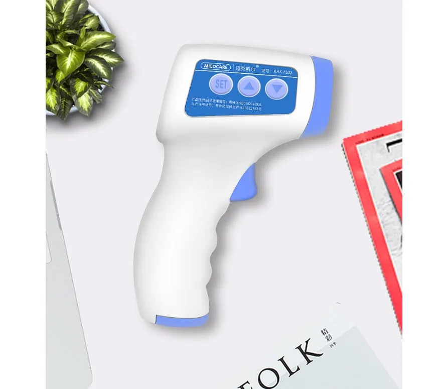White RAK-FI03 non-contact infrared forehead thermometer with English interface and AAA battery compartment