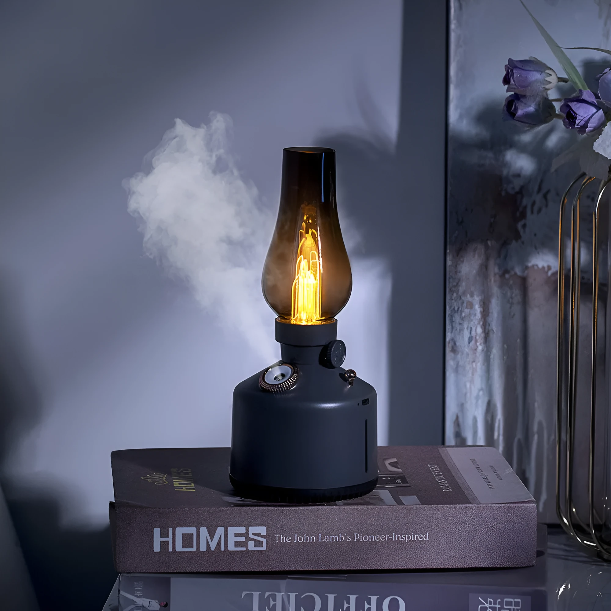 Kerosene lamp ultrasonic humidifier with grey ABS shell on a wooden desk showing single fog outlet