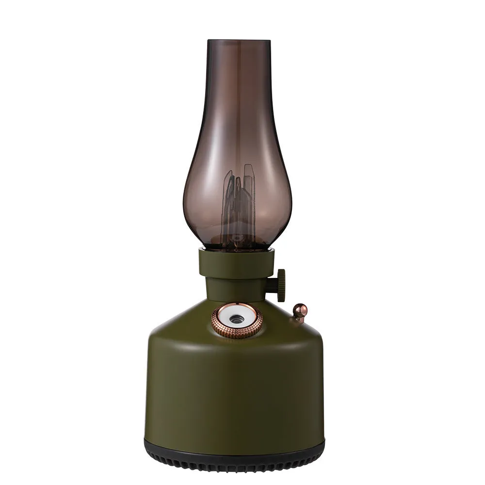 Kerosene lamp ultrasonic humidifier with grey ABS shell on a wooden desk showing single fog outlet
