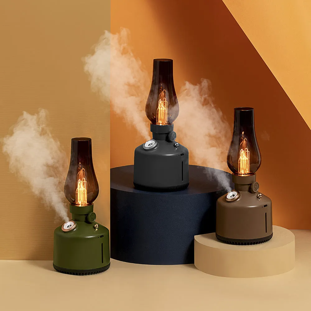 Kerosene lamp ultrasonic humidifier with grey ABS shell on a wooden desk showing single fog outlet