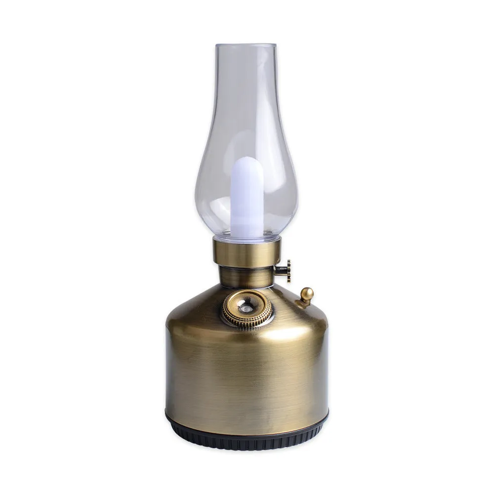 Kerosene lamp ultrasonic humidifier with grey ABS shell on a wooden desk showing single fog outlet