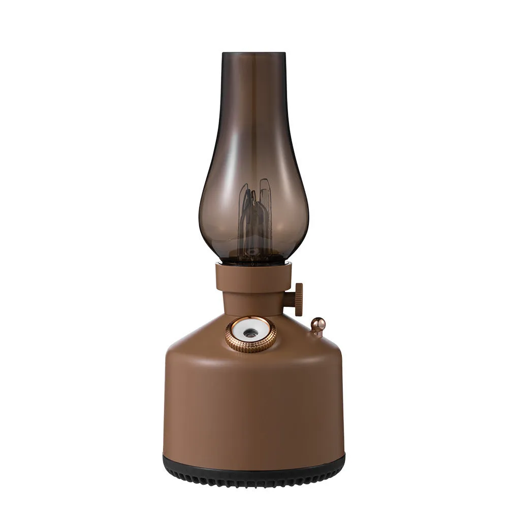 Kerosene lamp ultrasonic humidifier with grey ABS shell on a wooden desk showing single fog outlet