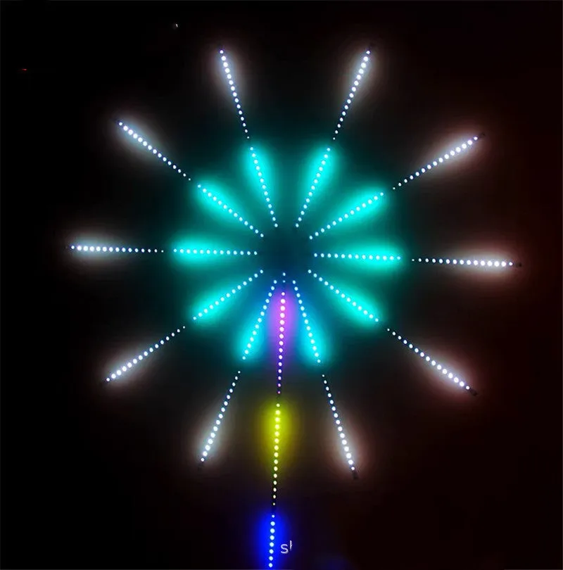 LED voice-activated marquee fireworks light strip with 60 RGB LEDs per metre and 24-key remote controller on a dark background