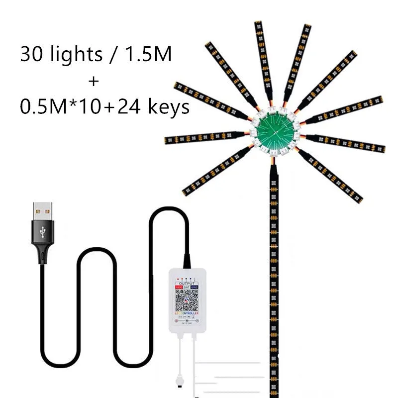 LED voice-activated marquee fireworks light strip with 60 RGB LEDs per metre and 24-key remote controller on a dark background