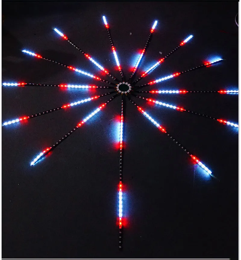 LED voice-activated marquee fireworks light strip with 60 RGB LEDs per metre and 24-key remote controller on a dark background