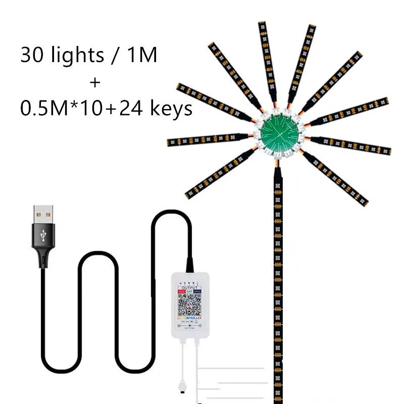 LED voice-activated marquee fireworks light strip with 60 RGB LEDs per metre and 24-key remote controller on a dark background