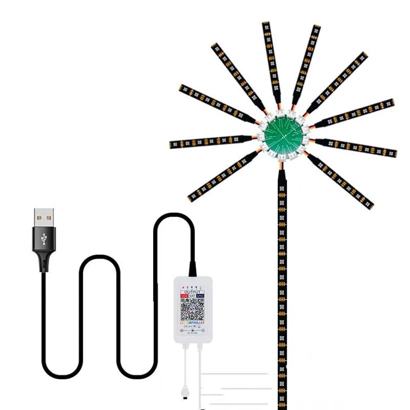 LED voice-activated marquee fireworks light strip with 60 RGB LEDs per metre and 24-key remote controller on a dark background