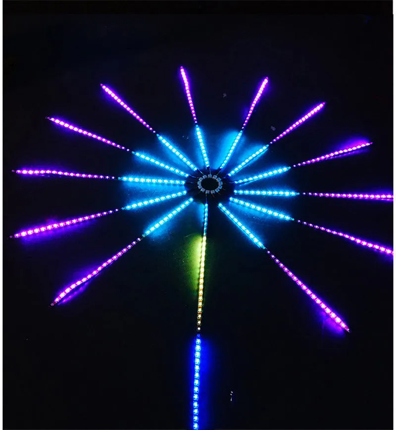 LED voice-activated marquee fireworks light strip with 60 RGB LEDs per metre and 24-key remote controller on a dark background