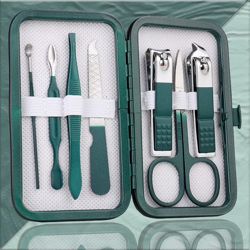 Emerald green pedicure knife nail clippers set box with stainless steel and carbon steel manicure implements in 7 to 18 piece options