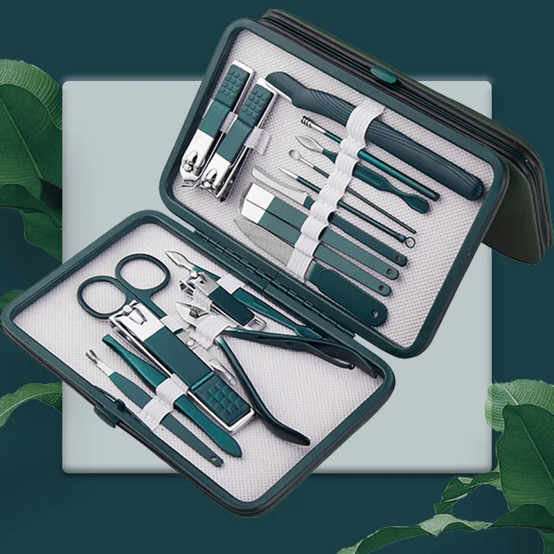 Emerald green pedicure knife nail clippers set box with stainless steel and carbon steel manicure implements in 7 to 18 piece options