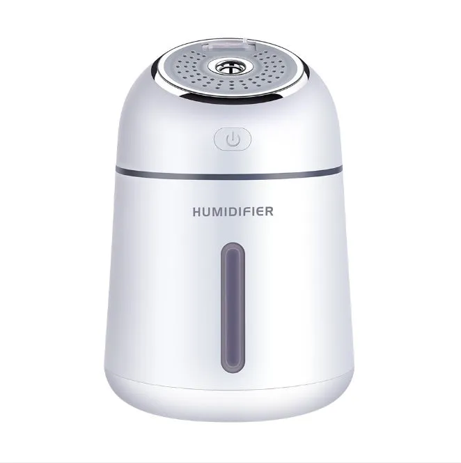 Mini ultrasonic USB humidifier 330ml in blue on desk with fan and LED light