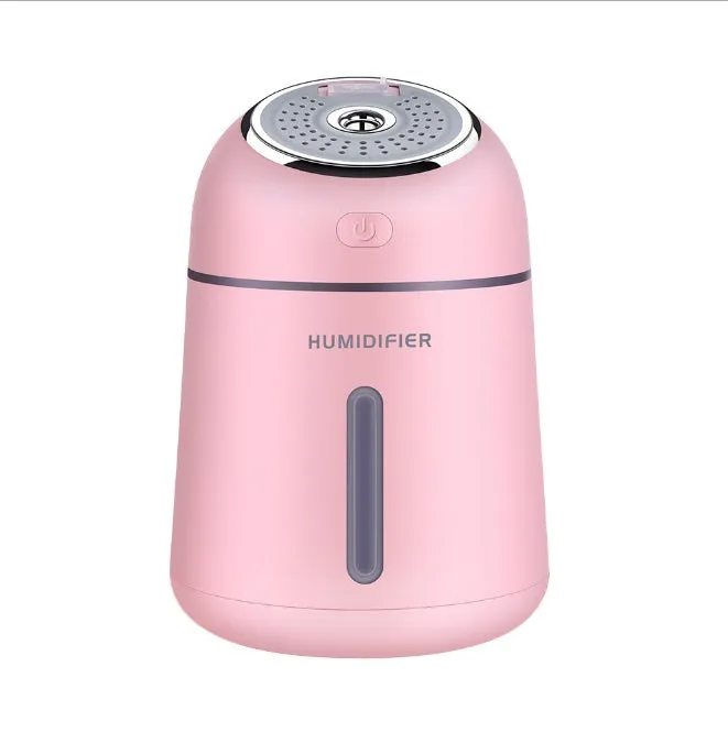 Mini ultrasonic USB humidifier 330ml in blue on desk with fan and LED light
