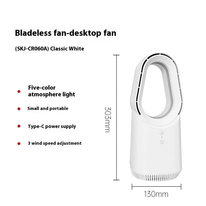 White SK bladeless tower fan with remote control on desktop