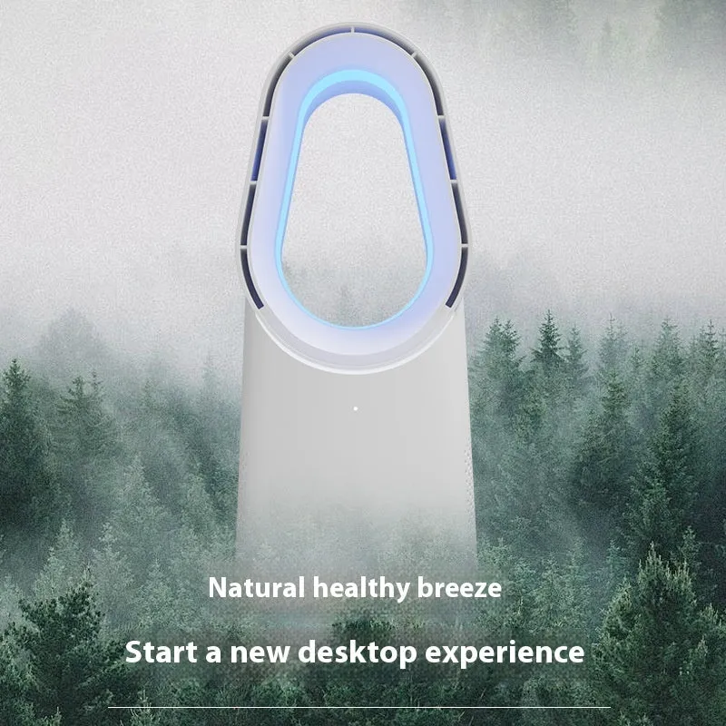 White SK bladeless tower fan with remote control on desktop