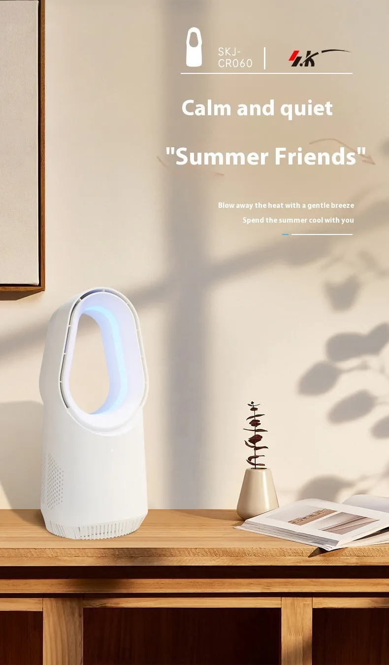 White SK bladeless tower fan with remote control on desktop
