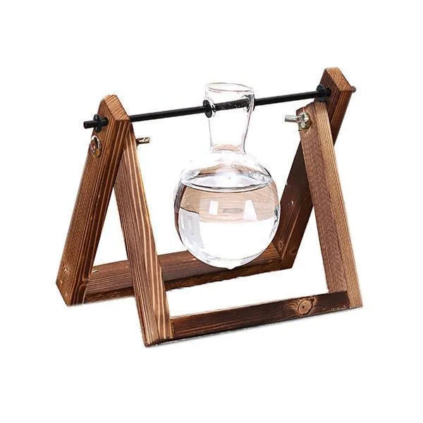 Glass plant terrarium with wooden stand, geometric shape, Chinese style, on a desk