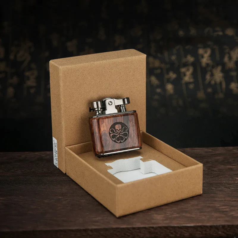Wooden retro kerosene lighter with natural wood body, 53x50x20mm, in gift box with mahogany bamboo finish