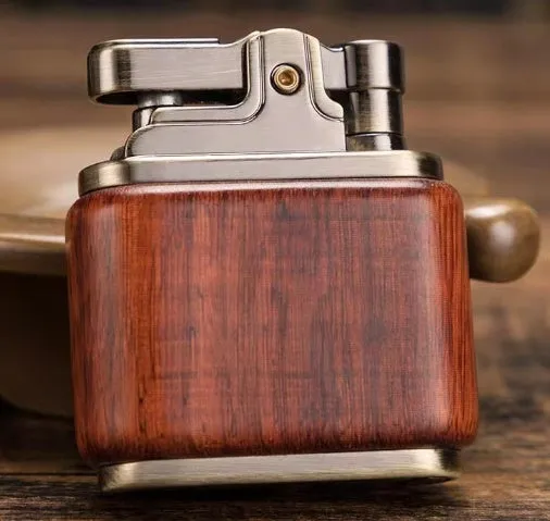 Wooden retro kerosene lighter with natural wood body, 53x50x20mm, in gift box with mahogany bamboo finish