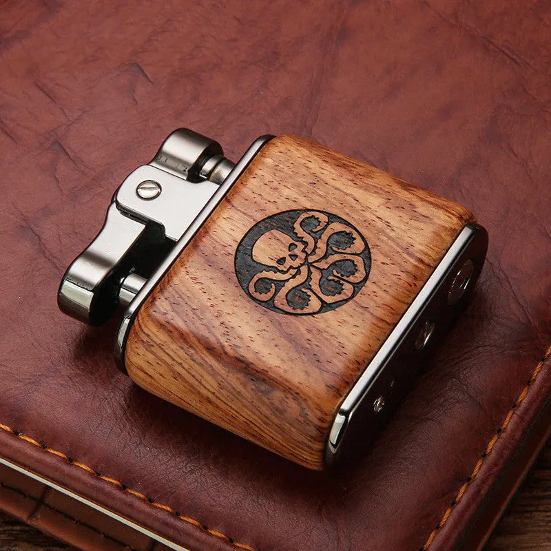 Wooden retro kerosene lighter with natural wood body, 53x50x20mm, in gift box with mahogany bamboo finish