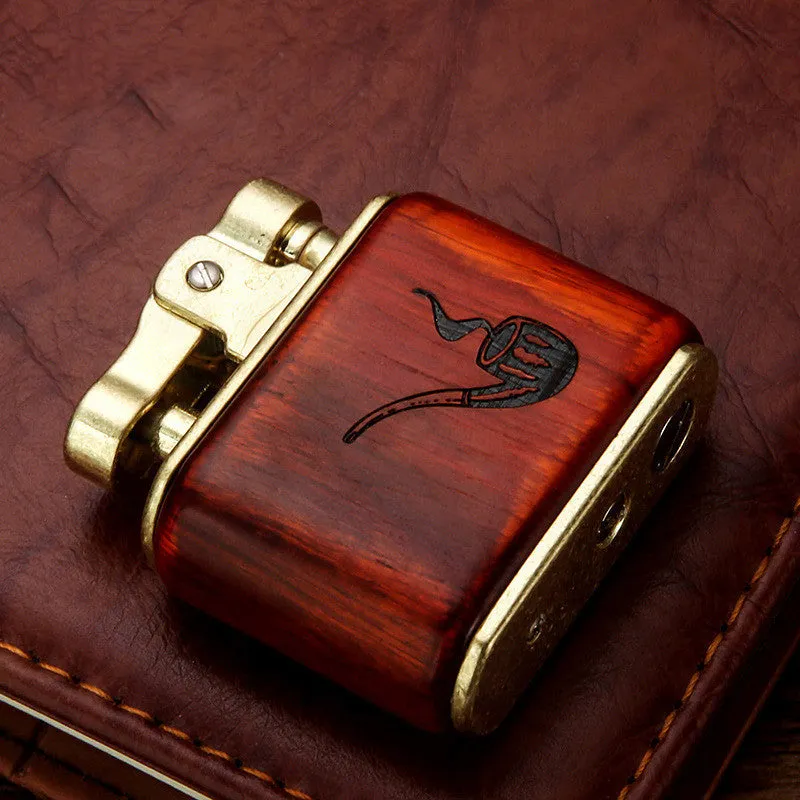 Wooden retro kerosene lighter with natural wood body, 53x50x20mm, in gift box with mahogany bamboo finish