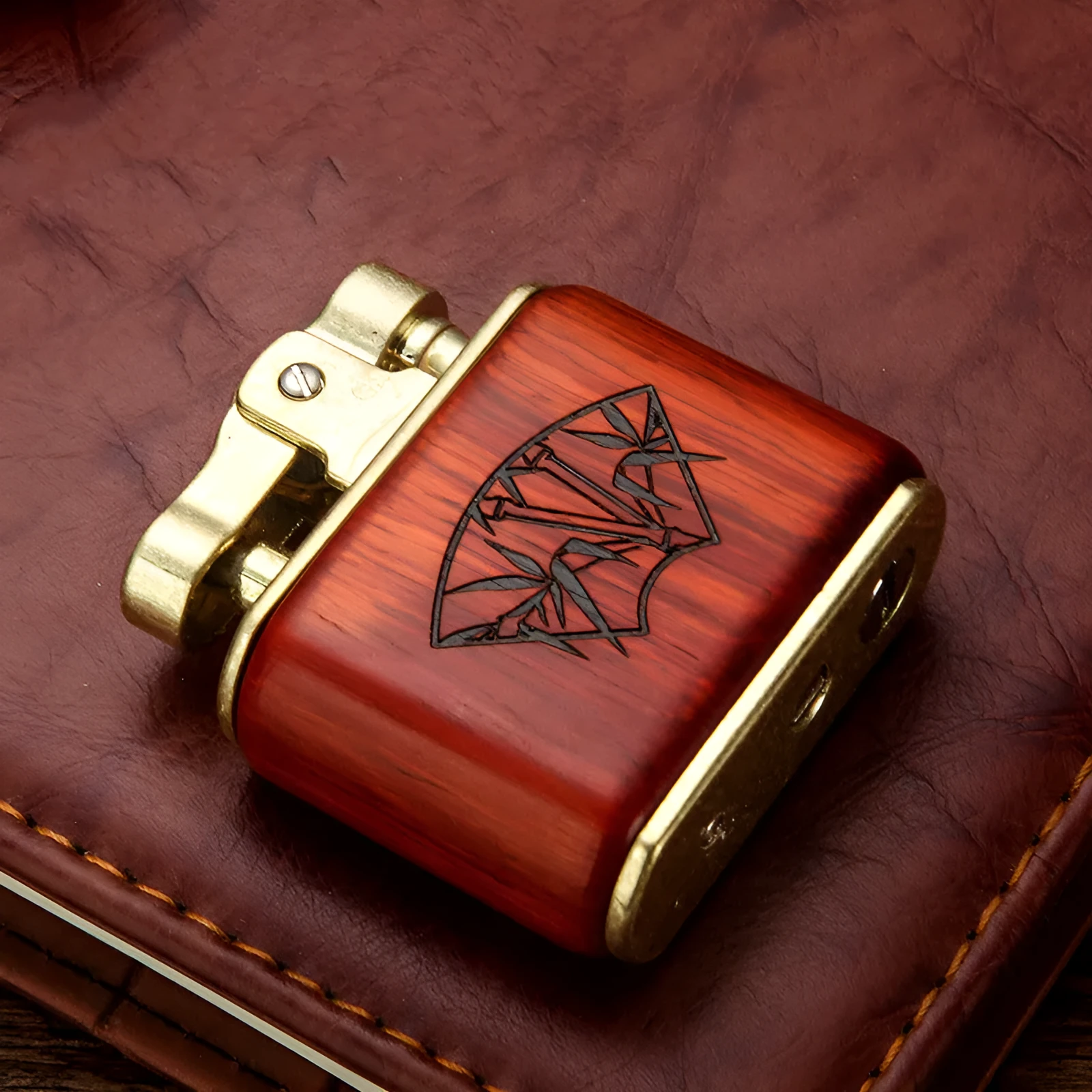 Wooden retro kerosene lighter with natural wood body, 53x50x20mm, in gift box with mahogany bamboo finish