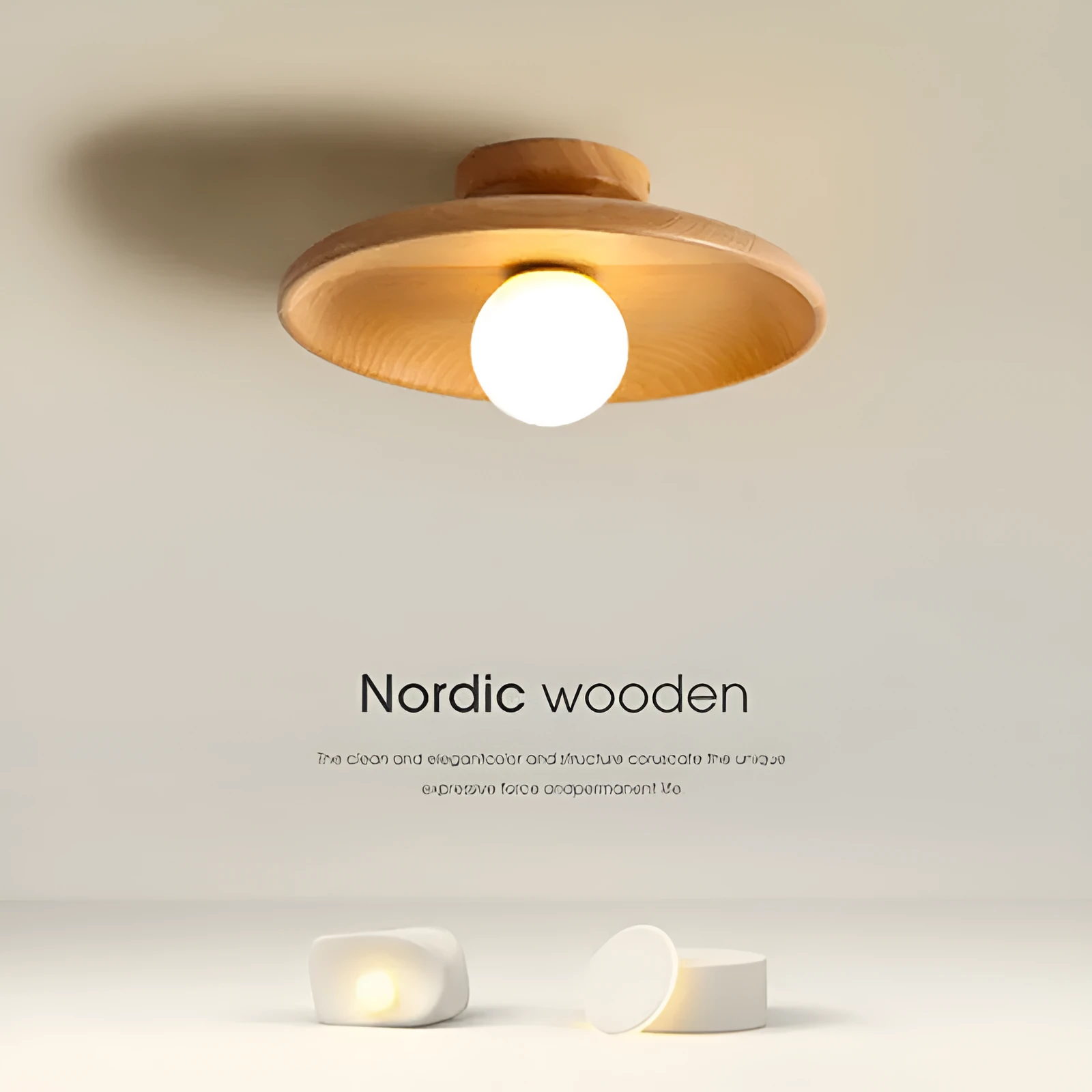 Modern minimalist ceiling lamp with solid wood body and glass shade in wood or walnut colour.