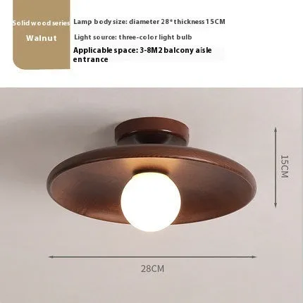 Modern minimalist ceiling lamp with solid wood body and glass shade in wood or walnut colour.