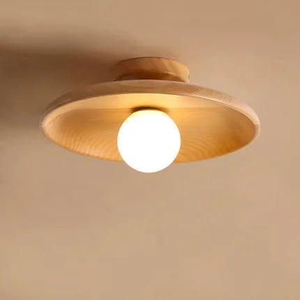 Modern minimalist ceiling lamp with solid wood body and glass shade in wood or walnut colour.