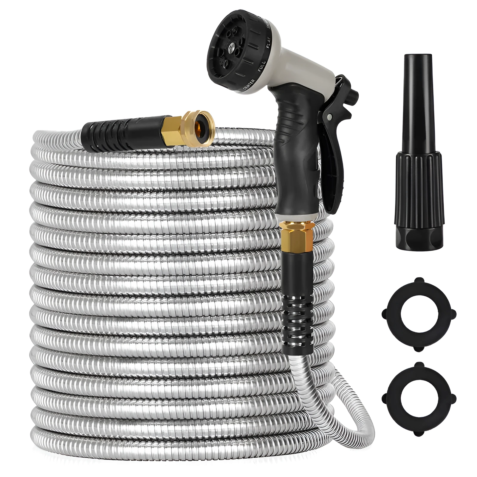 100ft stainless steel flexible garden hose with 10-pattern spray nozzle on grass