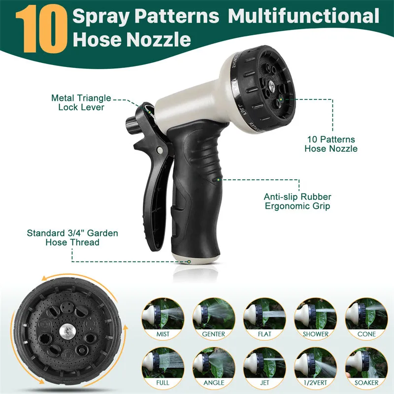 100ft stainless steel flexible garden hose with 10-pattern spray nozzle on grass