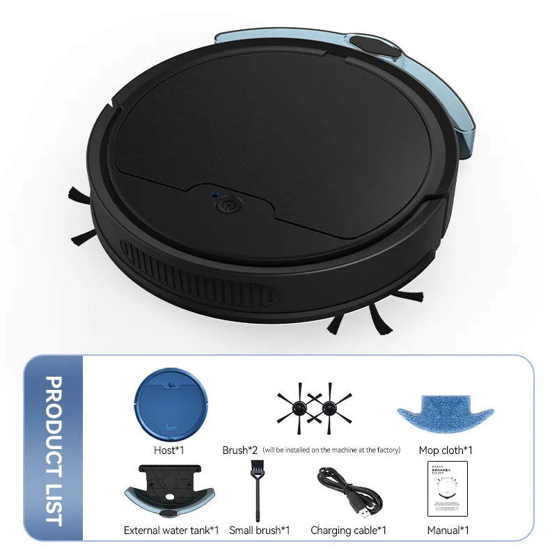 Intelligent sweeping robot with large water tank and 2000 Pa suction in black, blue, and white