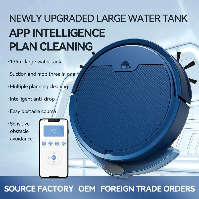 Intelligent sweeping robot with large water tank and 2000 Pa suction in black, blue, and white