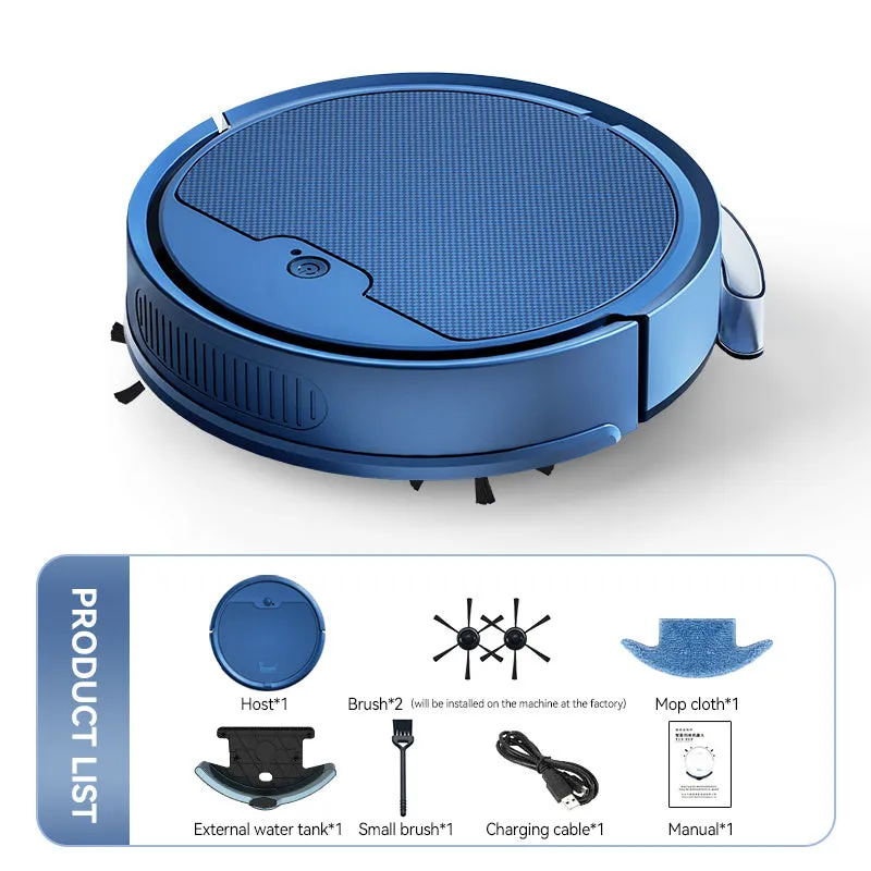 Intelligent sweeping robot with large water tank and 2000 Pa suction in black, blue, and white
