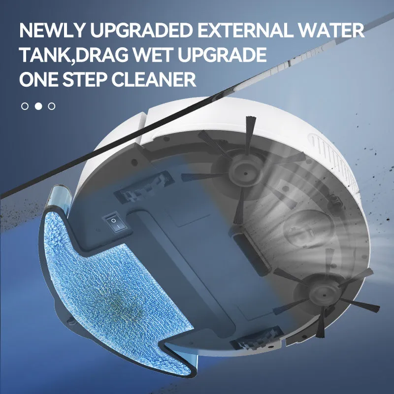 Intelligent sweeping robot with large water tank and 2000 Pa suction in black, blue, and white
