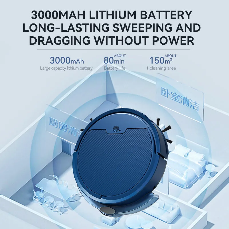 Intelligent sweeping robot with large water tank and 2000 Pa suction in black, blue, and white