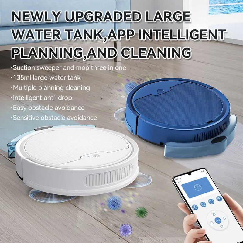 Intelligent sweeping robot with large water tank and 2000 Pa suction in black, blue, and white