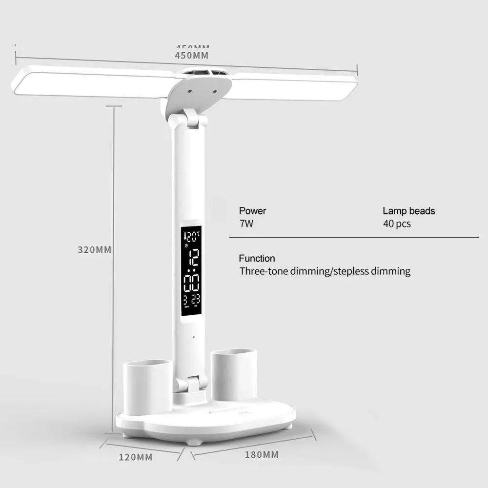 White LED desk lamp with built-in calendar and pen holder, touch control, USB powered, on a modern desk
