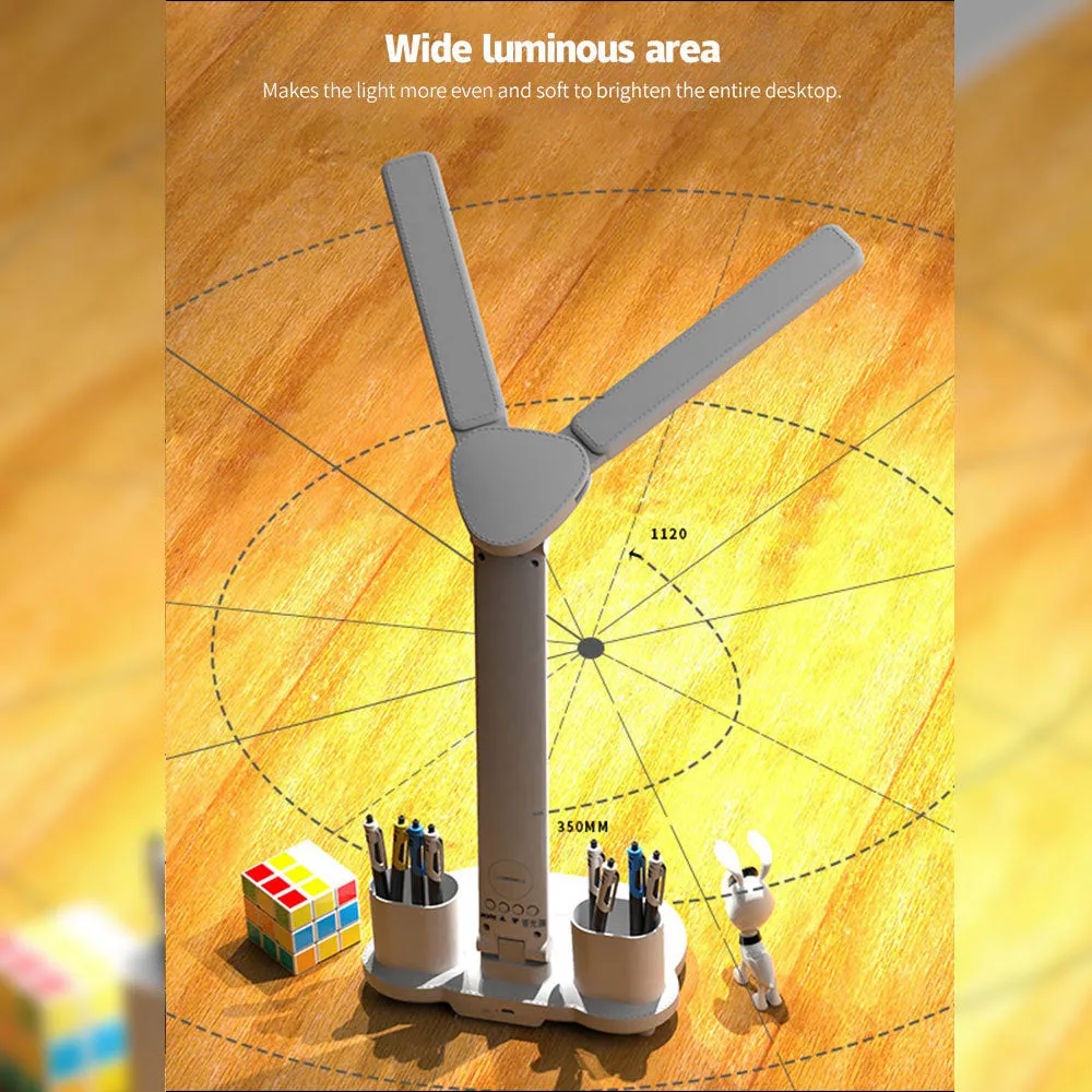 White LED desk lamp with built-in calendar and pen holder, touch control, USB powered, on a modern desk