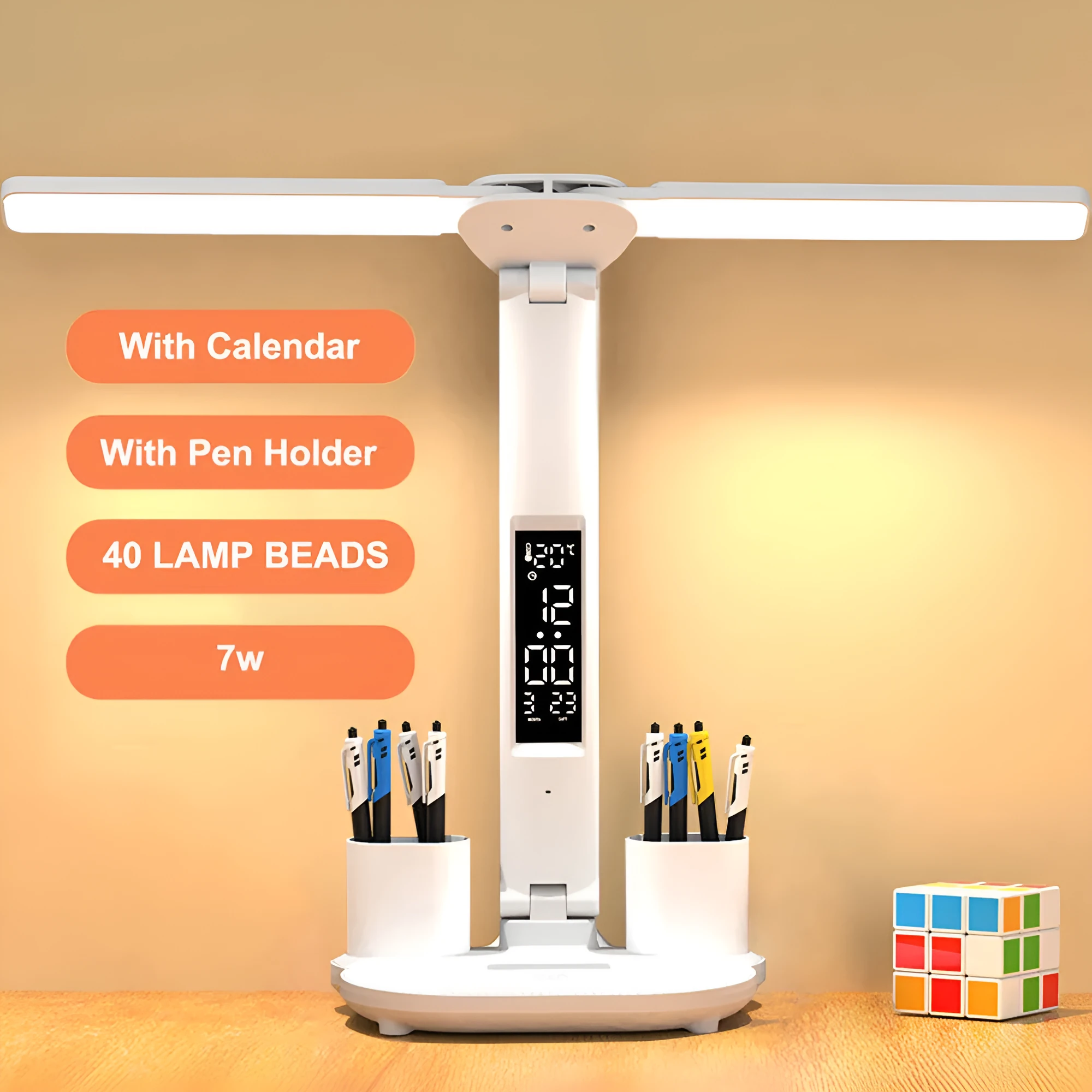 White LED desk lamp with built-in calendar and pen holder, touch control, USB powered, on a modern desk