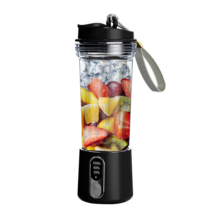 Portable USB rechargeable juicer cup 500ml in black plastic with lid and straw