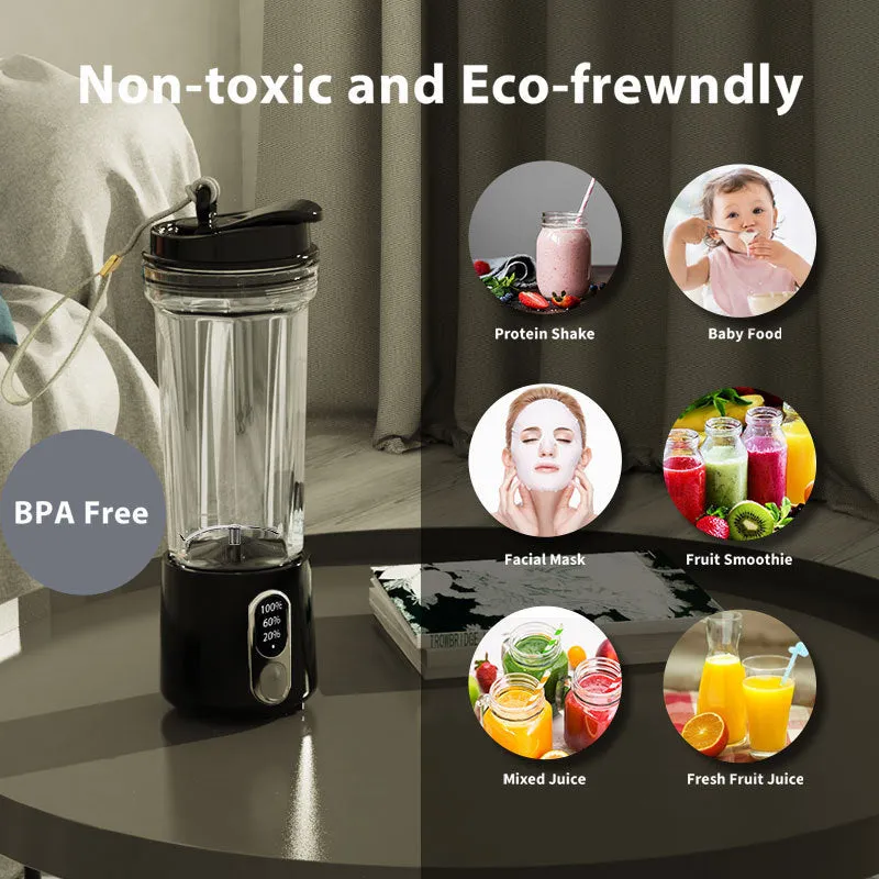 Portable USB rechargeable juicer cup 500ml in black plastic with lid and straw