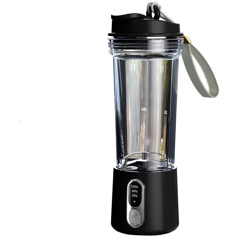 Portable USB rechargeable juicer cup 500ml in black plastic with lid and straw
