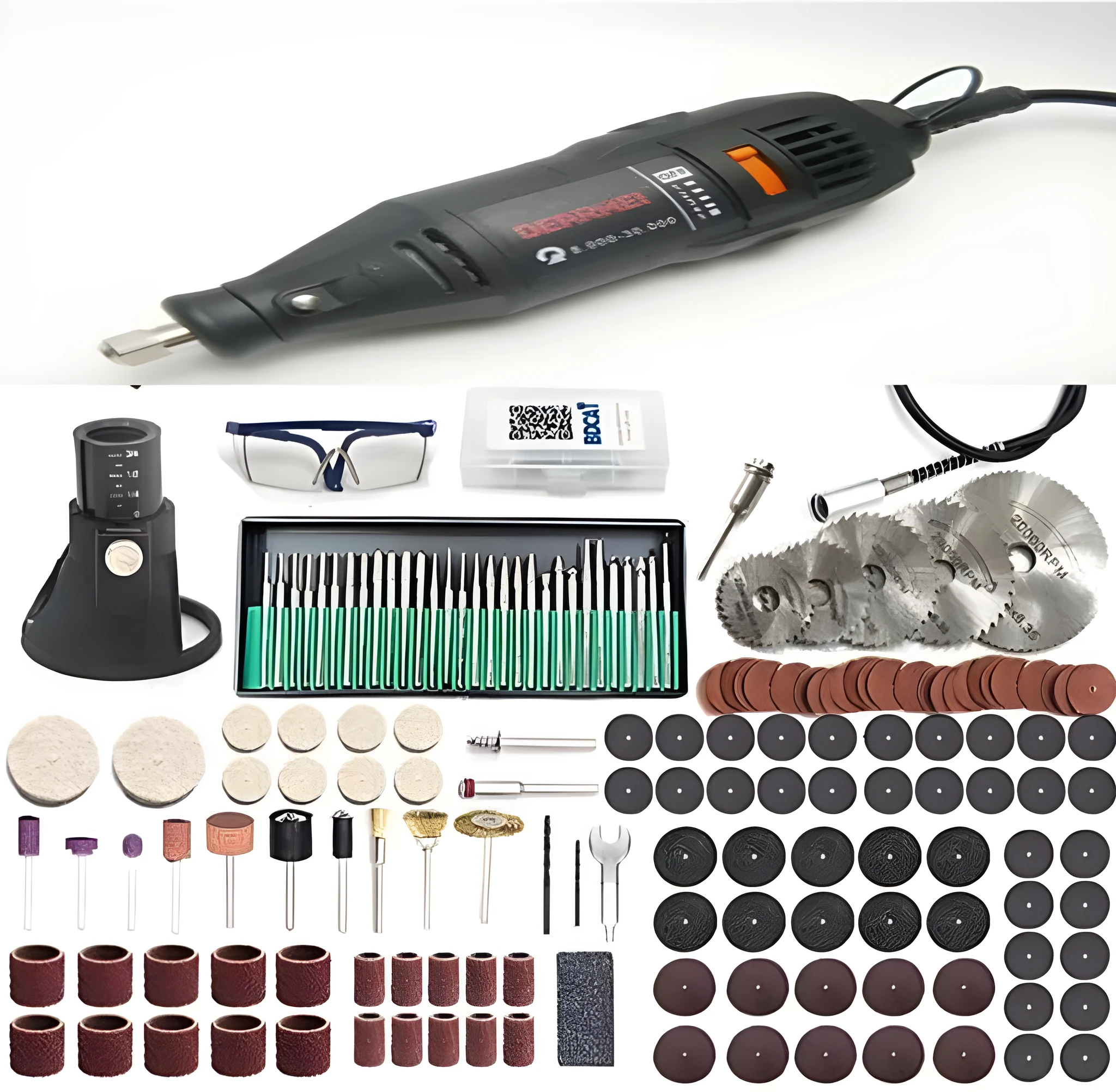 180W electric rotary tool kit with 186 pieces, black, 5-speed control, on a workbench