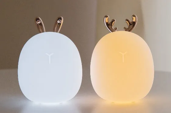 LED cartoon night light in rabbit style showing warm and cold light modes, USB interface, 0.5W power