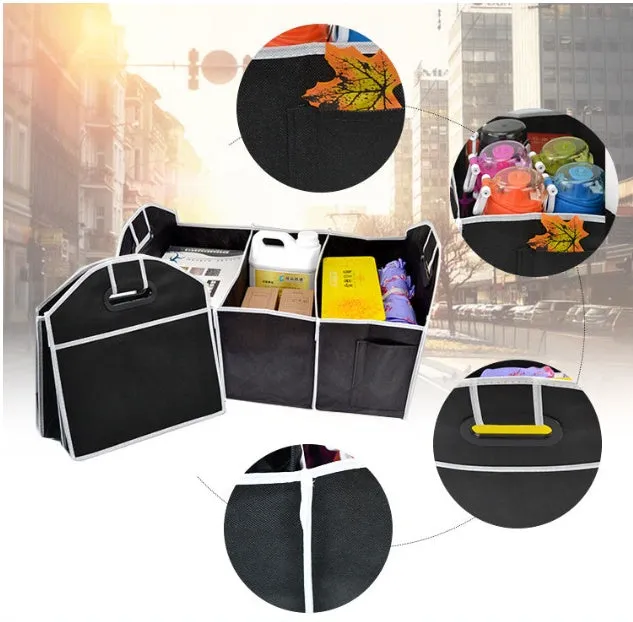 Car storage box built-in case folding box non-woven black with three compartments and multiple pockets